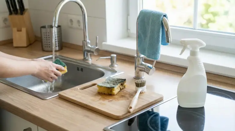 Persona che lava una spugna da cucina sotto l'acqua corrente in un lavello moderno