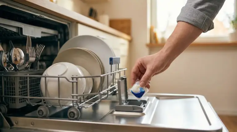 Una persona inserisce una pastiglia nella lavastoviglie carica di piatti e posate