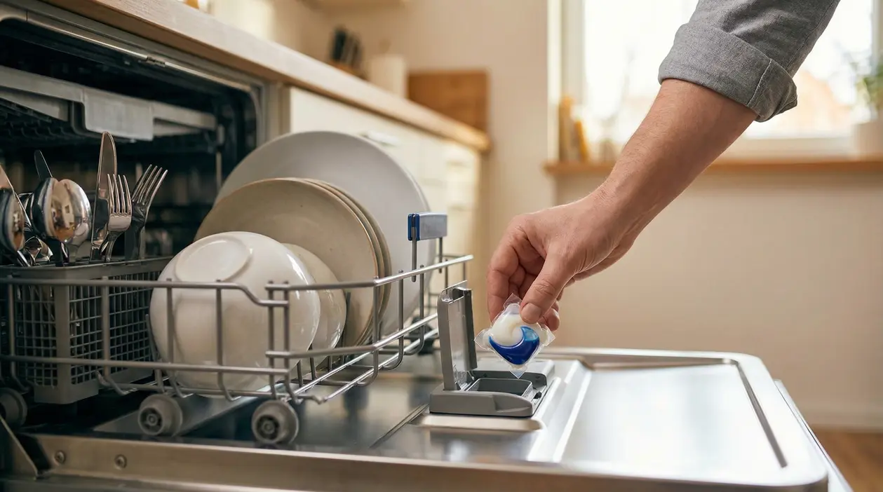 Una persona inserisce una pastiglia nella lavastoviglie carica di piatti e posate