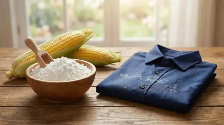 Ciotola di amido di mais con pannocchie e camicia blu su un tavolo di legno