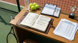 Scrivania da tennis con agenda, racchetta, palline, coppa e documenti su tornei e premi