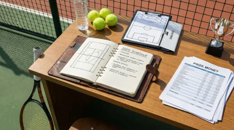 Scrivania da tennis con agenda, racchetta, palline, coppa e documenti su tornei e premi