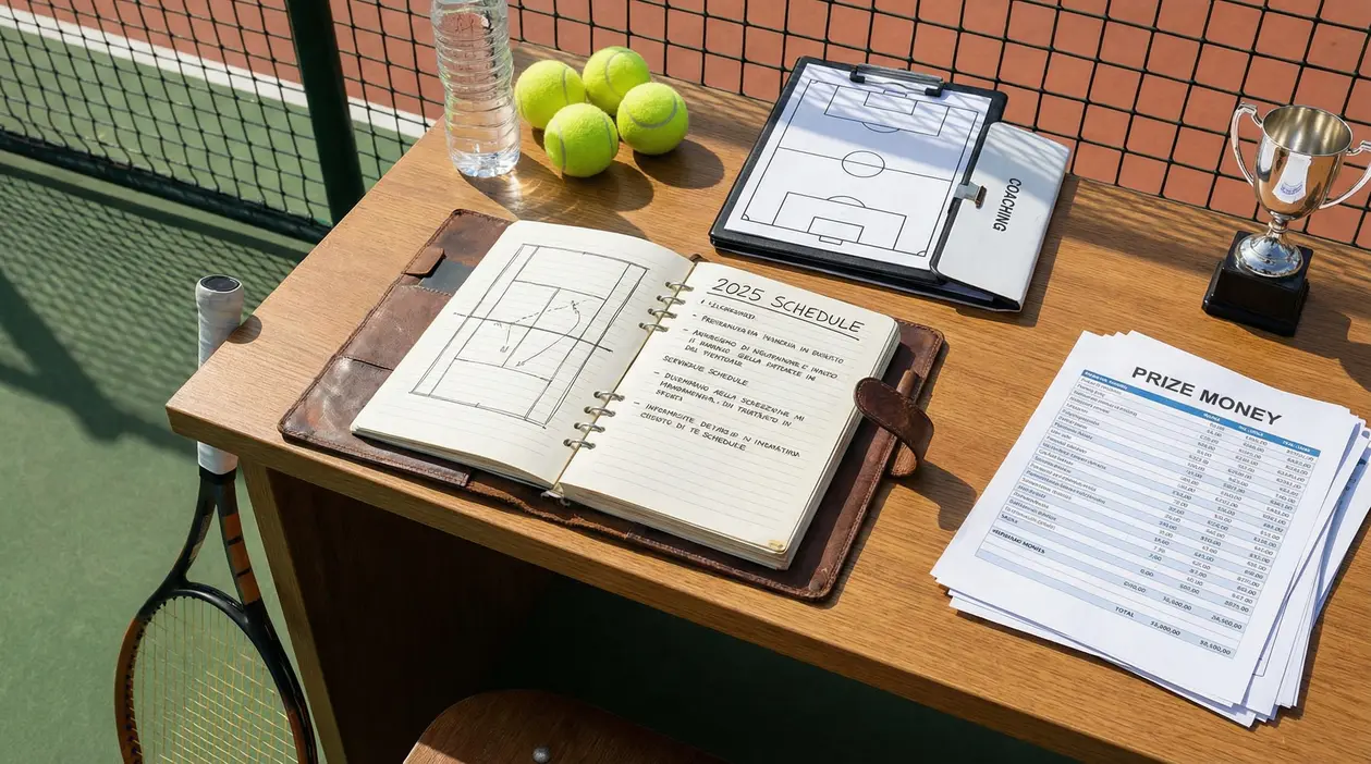 Scrivania da tennis con agenda, racchetta, palline, coppa e documenti su tornei e premi
