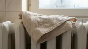 Asciugamano bagnato appoggiato su un termosifone acceso vicino a una finestra