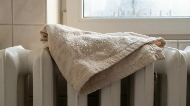Asciugamano bagnato appoggiato su un termosifone acceso vicino a una finestra