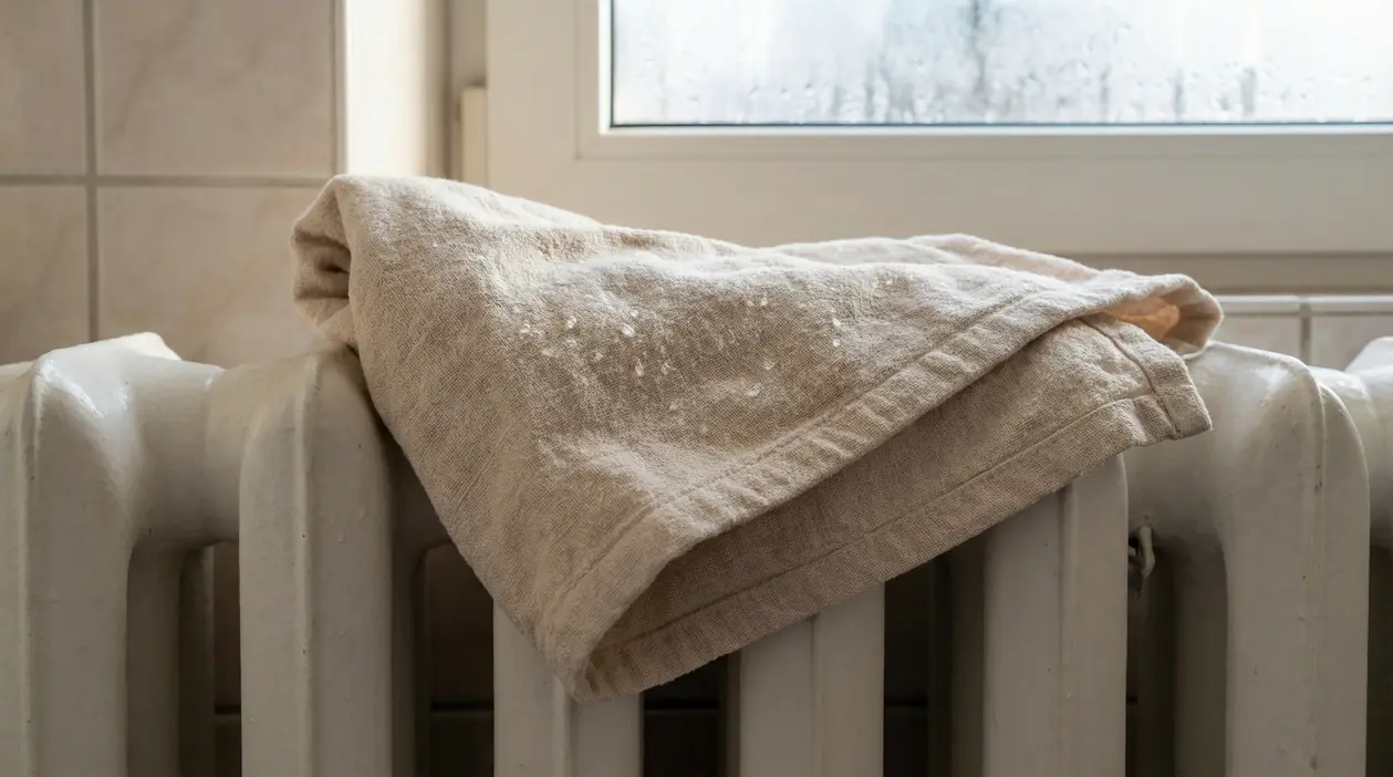 Asciugamano bagnato appoggiato su un termosifone acceso vicino a una finestra