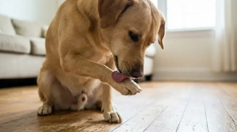Cane che si lecca la zampa anteriore seduto sul pavimento di casa