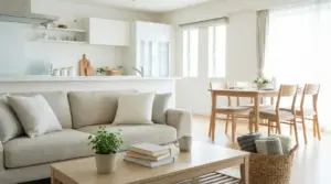 Soggiorno ordinato con divano beige, tavolino con libri e pianta, cucina e zona pranzo luminose