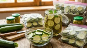 Zucchine fresche e affettate conservate in barattoli, sacchetti e ciotole su un tavolo di legno