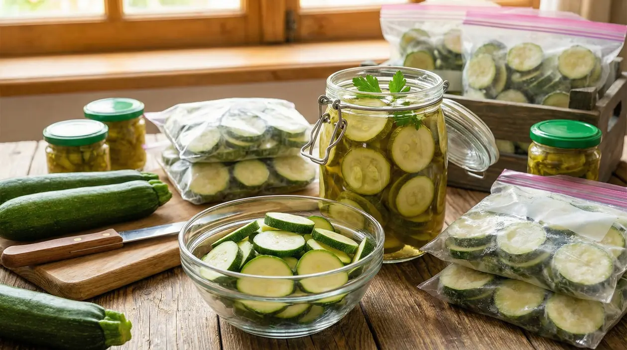 Zucchine fresche e affettate conservate in barattoli, sacchetti e ciotole su un tavolo di legno