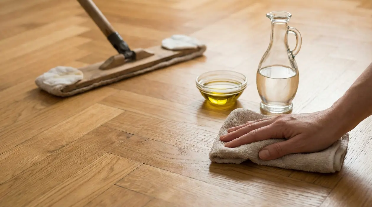 Mano che pulisce un pavimento in parquet con un panno, vicino a olio e aceto