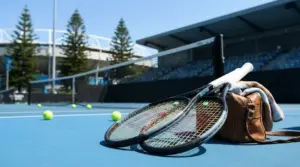 Due racchette da tennis e una borsa su un campo in cemento blu con palline sparse