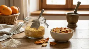 Barattolo di vetro con farina d'arancia, ciotola con bucce essiccate e mortaio su tavolo rustico.