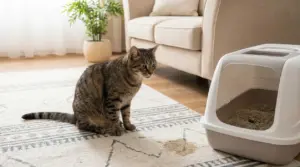 Gatto seduto su un tappeto vicino a una macchia e a una lettiera coperta in soggiorno