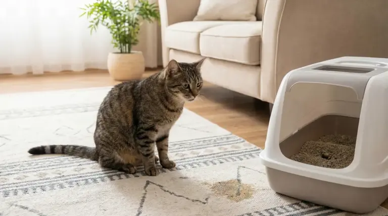 Gatto seduto su un tappeto vicino a una macchia e a una lettiera coperta in soggiorno