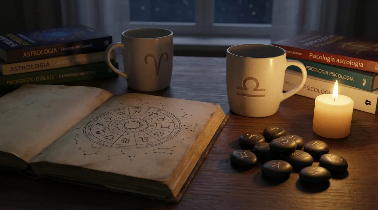 Libro aperto con simboli zodiacali, tazze e pietre con segni astrali su tavolo di legno