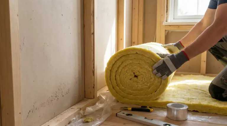 Persona che sistema pannelli isolanti in lana minerale all'interno di una parete