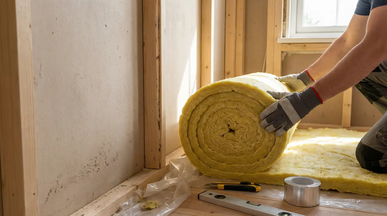 Persona che sistema pannelli isolanti in lana minerale all'interno di una parete