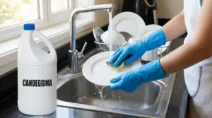 Una persona con guanti blu lava un piatto al lavandino vicino a una bottiglia di candeggina