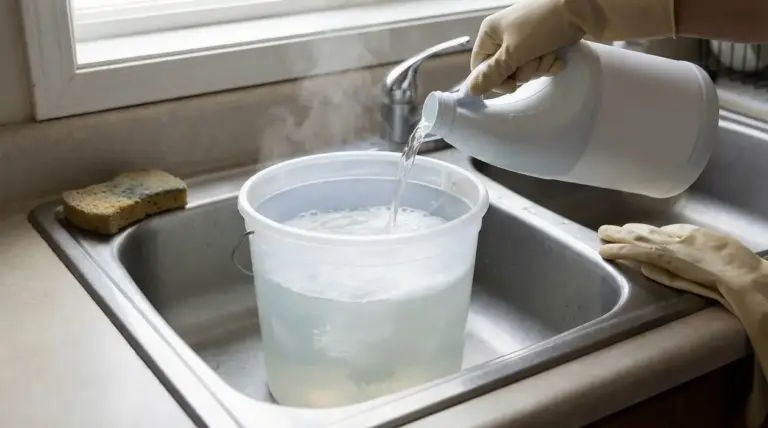 Una persona versa candeggina in un secchio di acqua calda nel lavandino della cucina