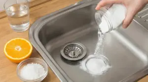 Una mano versa bicarbonato di sodio nello scarico di un lavandino in acciaio