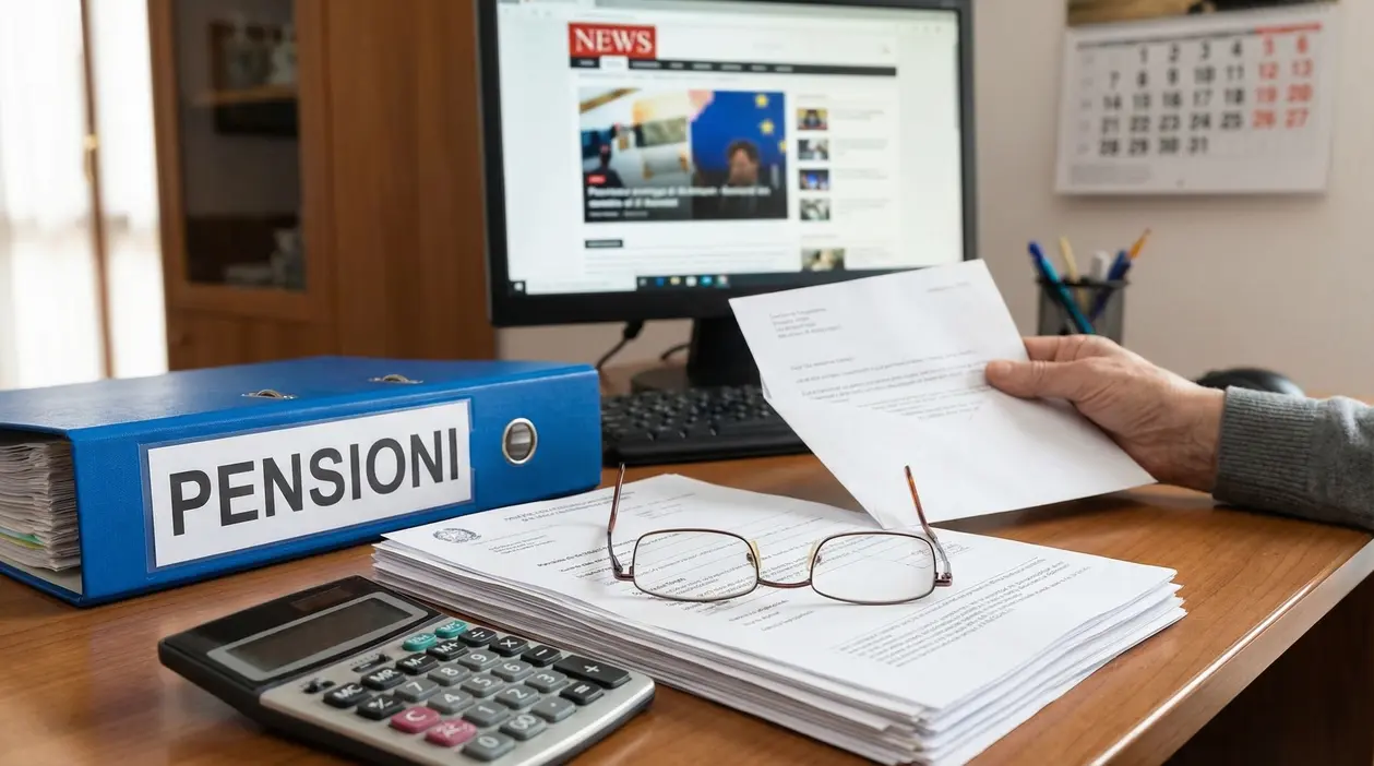 Persona esamina documenti pensionistici su una scrivania con computer e calcolatrice