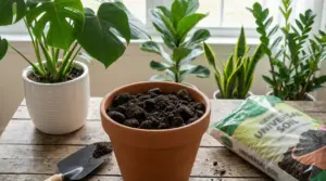 Terriccio universale in un vaso di terracotta con piante da appartamento sullo sfondo