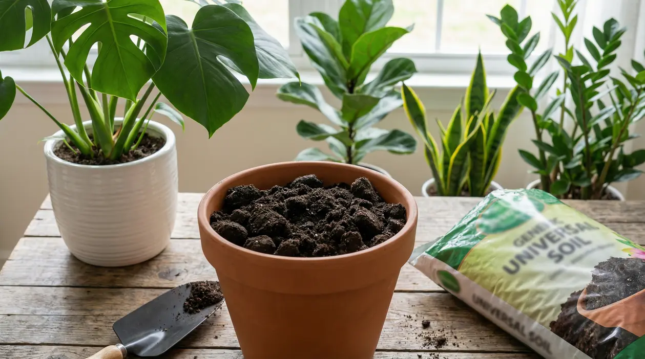 Terriccio universale in un vaso di terracotta con piante da appartamento sullo sfondo