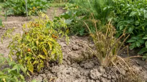 Piante di pomodoro e finocchio piantate troppo vicine in un orto