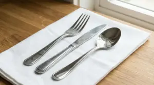 Posate con macchie d'acqua su un tovagliolo bianco vicino a una finestra