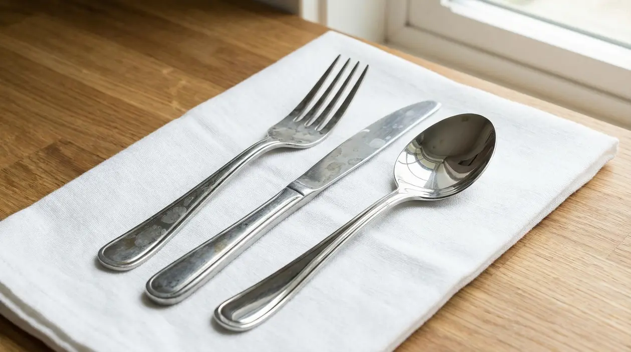 Posate con macchie d'acqua su un tovagliolo bianco vicino a una finestra