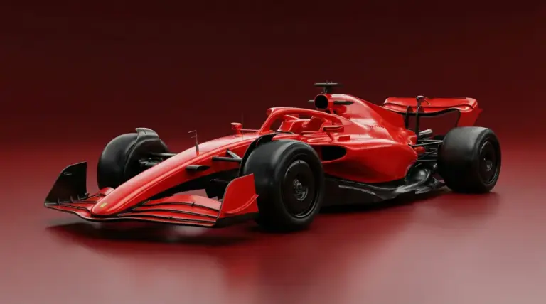 Monoposto Ferrari SF-26 su sfondo rosso, vista laterale anteriore