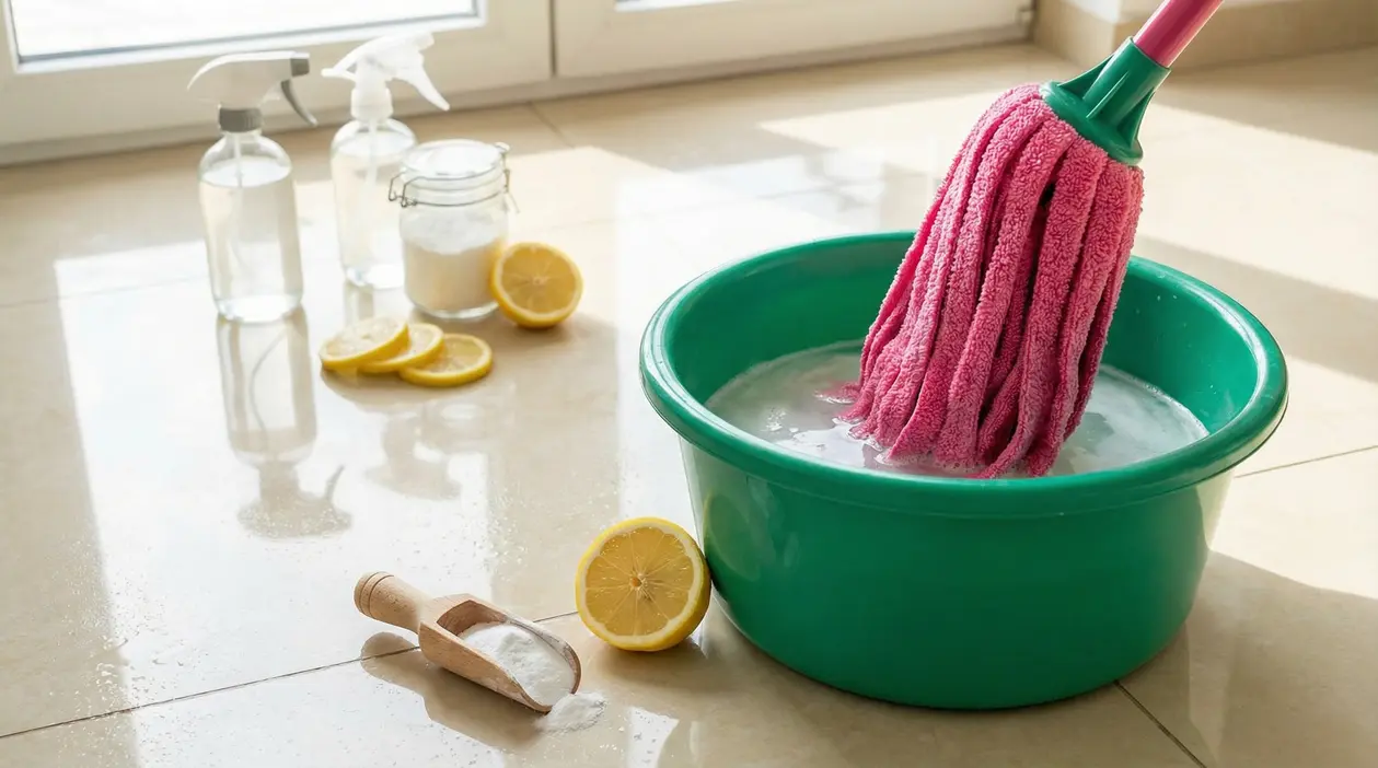 Secchio con mop rosa, limoni, bicarbonato e spray su pavimento lucido