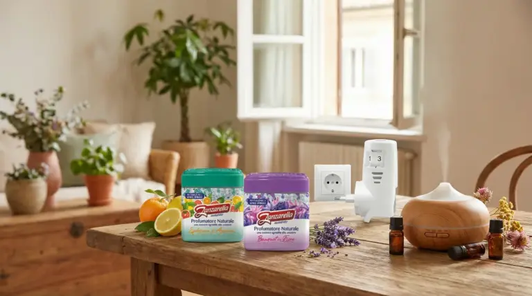 Profumatori e diffusori naturali su un tavolo in un ambiente domestico luminoso