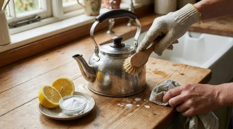 Una persona pulisce un bollitore in acciaio inox con una spazzola, limone e bicarbonato su un tavolo di legno