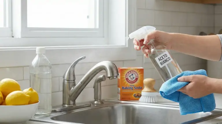 Mani che puliscono un lavello con uno spray all'aceto bianco e un panno in microfibra