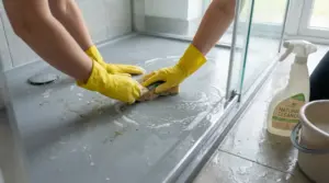 Mani con guanti gialli che puliscono un piatto doccia in resina con una spugna e detergente naturale