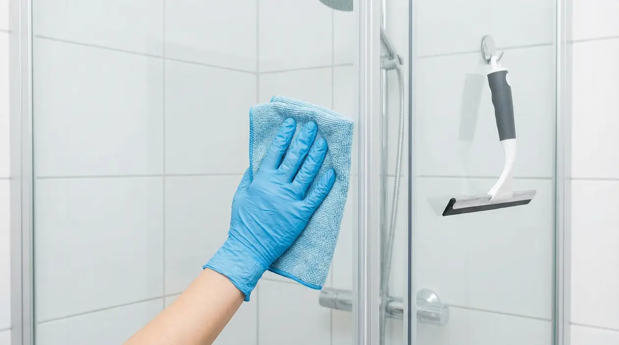 Mano con guanto blu pulisce il vetro della doccia con un panno in microfibra