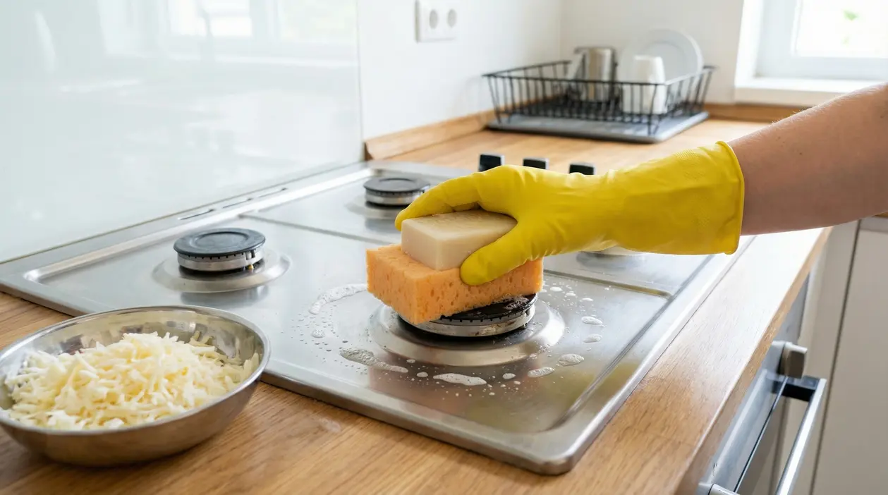 Mano con guanto giallo pulisce un fornello con una spugna e sapone di Marsiglia