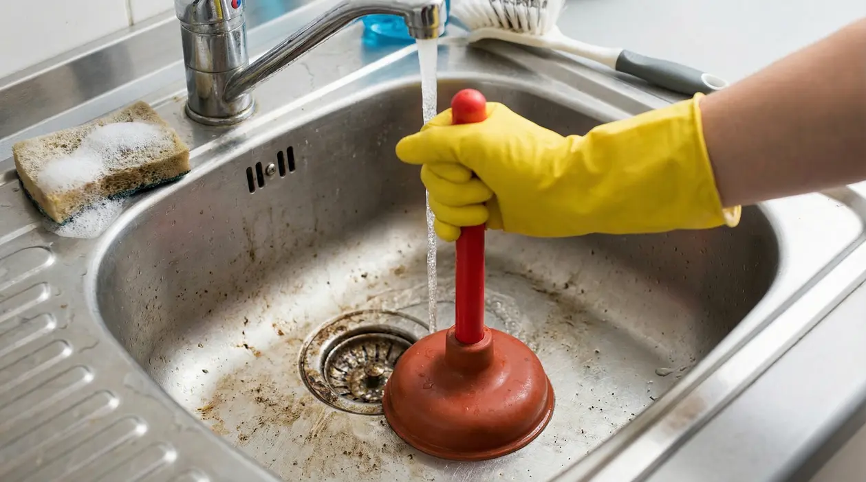 Una mano con guanto giallo utilizza uno sturalavandini in un lavandino sporco