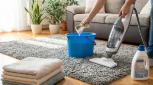 Pulizia di un tappeto a pelo lungo con aspirapolvere e secchio in un soggiorno luminoso