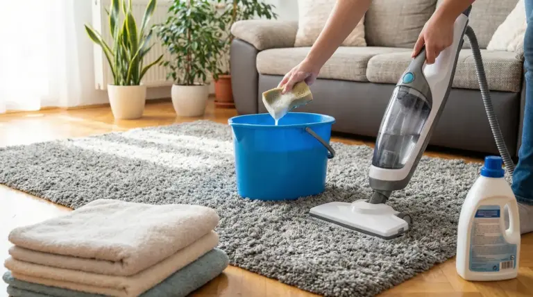 Pulizia di un tappeto a pelo lungo con aspirapolvere e secchio in un soggiorno luminoso