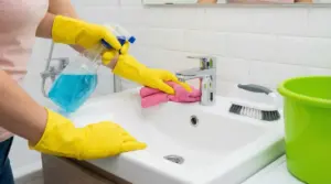 Persona con guanti gialli pulisce un lavandino del bagno con un panno rosa e spray detergente