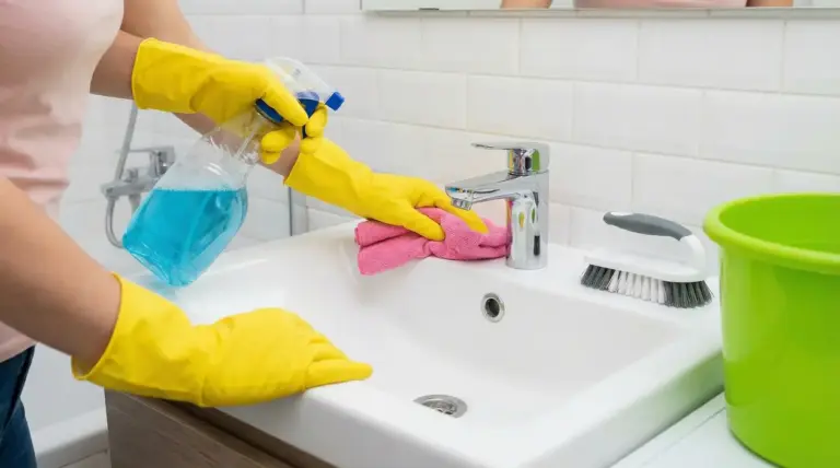 Persona con guanti gialli pulisce un lavandino del bagno con un panno rosa e spray detergente