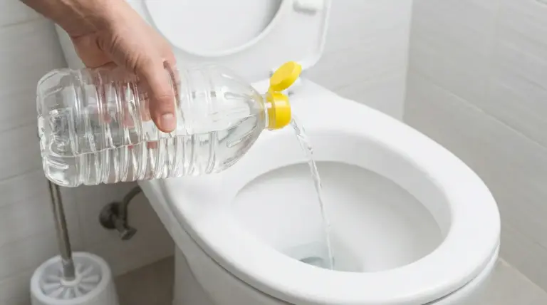 Una mano versa aceto bianco in un water per la pulizia domestica