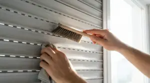 Mani che puliscono una tapparella con una spazzola e un panno