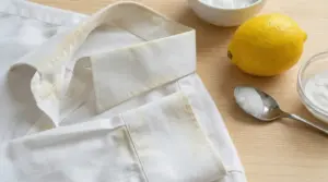 Colletto e polsini di camicia bianca con macchie gialle accanto a limone e cucchiaio con composto bianco
