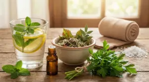 Ingredienti naturali su un tavolo, tra cui erbe, olio essenziale e una bevanda al limone e menta