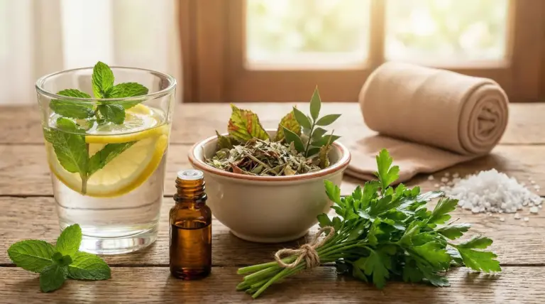 Ingredienti naturali su un tavolo, tra cui erbe, olio essenziale e una bevanda al limone e menta