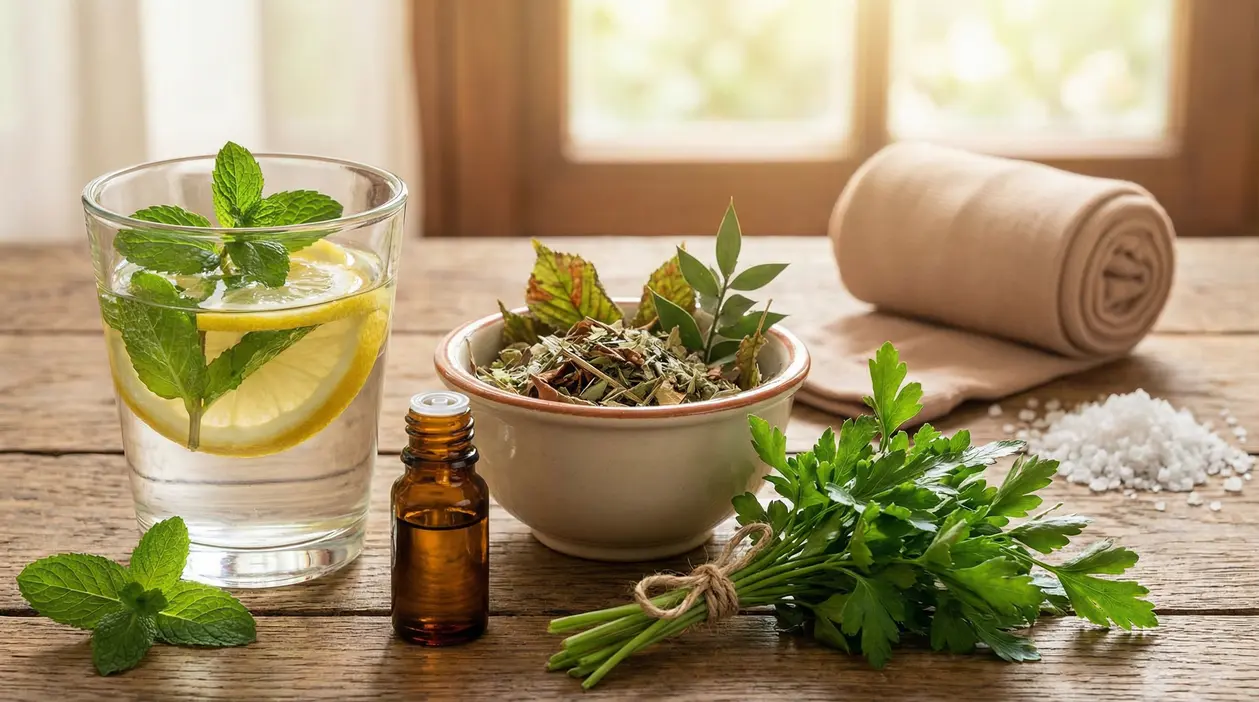 Ingredienti naturali su un tavolo, tra cui erbe, olio essenziale e una bevanda al limone e menta